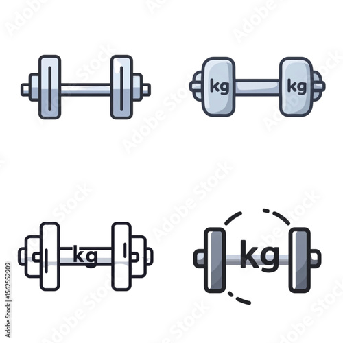 Set of illustrated dumbbells in various styles with weight labels  