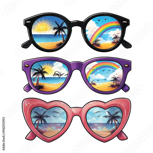 Colorful sunglasses with beach and rainbow reflections in lenses  