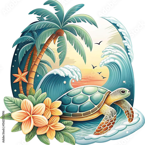 Tropical sea turtle swimming near waves and palm trees at sunset  