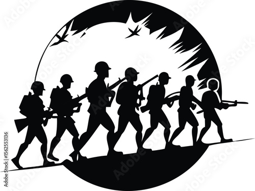 Silhouette of Soldiers Marching Across War Zone – Black and White