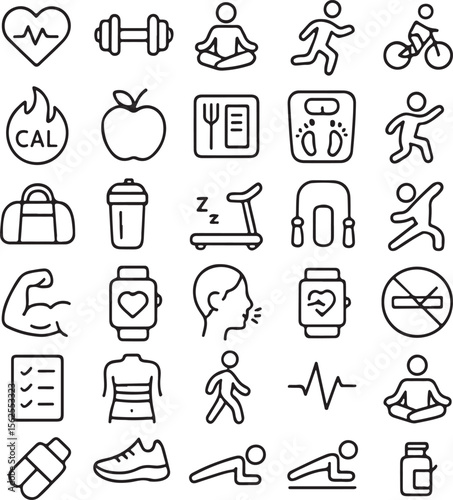 Collection of modern flat design icons representing healthy lifestyle fitness and wellness activities including exercise nutrition and medical care