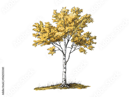 Vintage yellow birch tree sketch, hand-drawn botanical illustration, black engraving style, eco-friendly tree art, retro woodland decor, old tree print, forest nature art
