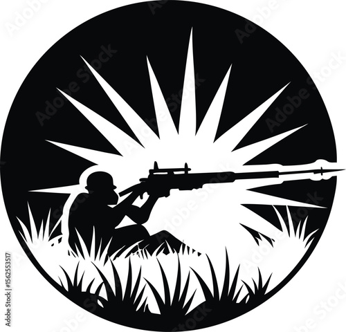Sniper Aiming in Tall Grass – Black and White Battlefield Silhouette