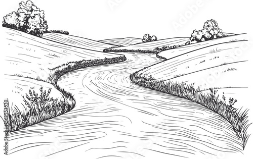 Sketch of a Serene Countryside River Landscape