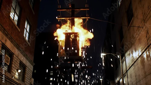 Electrical Transformer Exploding in Urban Alleyway at Night with Bright Sparks