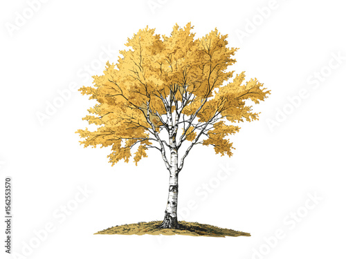 Hand-drawn yellow birch tree, vintage botanical sketch, old engraving style, nature tree art, retro woodland decor, eco-friendly wall print, forest tree illustration