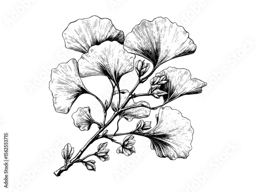 Antique Ginkgo Tree drawing, retro botanical sketch, vintage nature art, engraving style illustration, hand-drawn woodland tree, ginkgo leaves, rustic forest decor, aesthetic tree print,