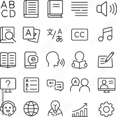 Collection of modern flat design icons representing language learning education and communication concepts including books translation speech and technology