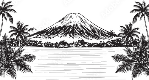 Tropical Island Volcano Landscape with Palm Trees and Ocean