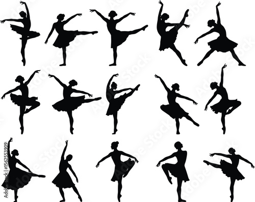 Minimalist vector silhouettes of ballerinas in various dancing poses – elegant black flat design of ballet performers – isolated dance illustration with simple, graceful movements and clean