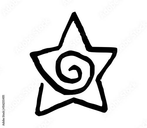 Minimilist a hand drawn star with thick black lines and a spiral in the center on a white background illustration vector
