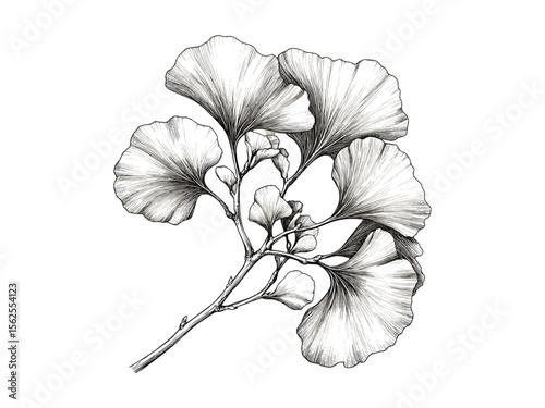 Ginkgo Tree engraving style, hand-drawn vintage illustration, antique botanical sketch, nature tree art, ginkgo leaves, woodland decor, retro forest print, line art, wall art print,