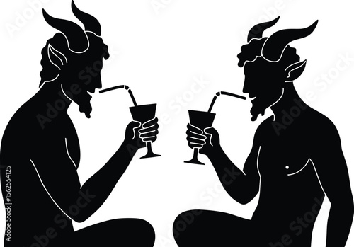 Silhouette of two satyrs or demon characters enjoying wine together – elegant fantasy clipart of mythical creatures drinking – minimalist vector illustration, isolated flat design, black graphic style