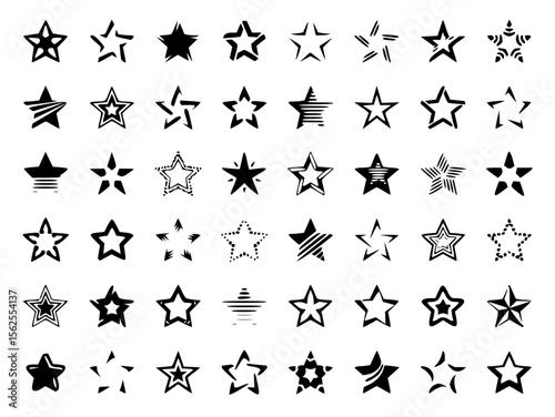 Minimilist collection of forty nine star shapes in various styles and designs arranged in a grid pattern on white vector