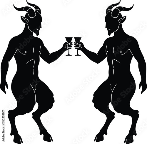 Silhouettes of goat-footed demon men clinking wine glasses – black and white vector illustration of satyrs in joyful celebration – flat design clipart with elegant, isolated minimal fantasy style

