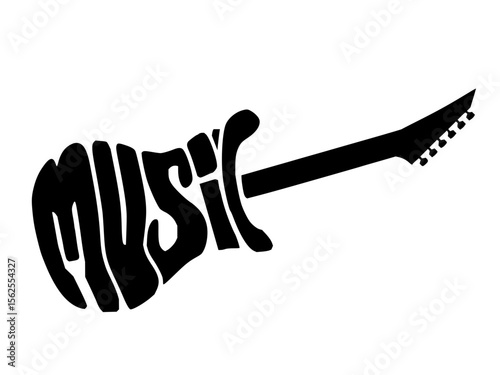 Minimilist silhouette of a guitar with the word music forming the body and neck of the instrument in black and white vector