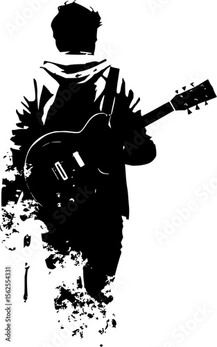 Minimilist silhouette of a person with a guitar in black and white with a grunge effect at the bottom edge area vector