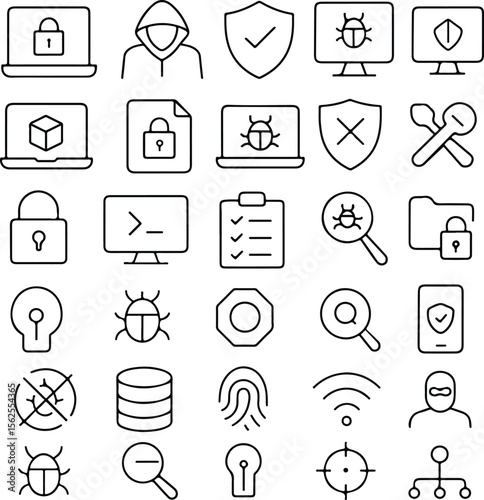 Collection of cybersecurity icons representing data protection hacking malware network security and digital threats with a clean modern outline style