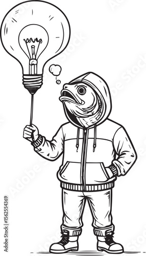 Whimsical Hand-Drawn Fish in Hoodie with a Thought Bubble