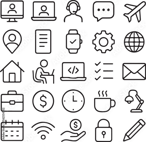 A collection of modern clean and versatile flat line icons representing various aspects of remote work business and technology for digital use
