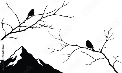 Silhouette of birds on tree branches with mountain backdrop – elegant vector clipart featuring perched birds in nature – black isolated illustration in minimal, simple flat design style

