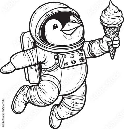 Playful Astronaut Penguin Holding an Ice Cream Cone Illustration