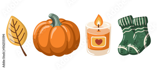 Cozy fall domestic life set with pumpkin, candle and warm socks. Autumn holiday Cartoon style vector illustration. 