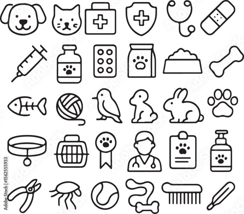 Collection of veterinary and pet care icons including animals medical supplies and accessories for a clean and professional design