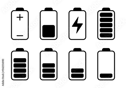 Battery indicator icon set. Battery charging status icons various stages of power isolated on white background. Vector illustration.
