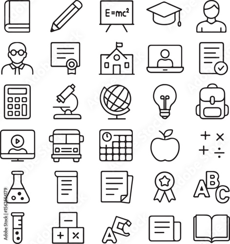 A comprehensive collection of educational icons representing learning knowledge and academic pursuits suitable for school and university materials