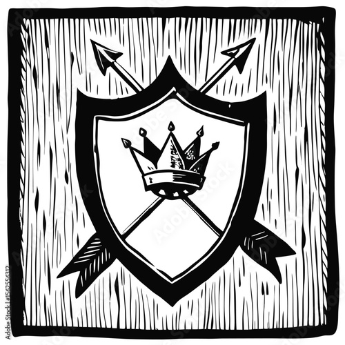 Heraldic emblem of crown shield with crossed arrows in a black and white woodcut style