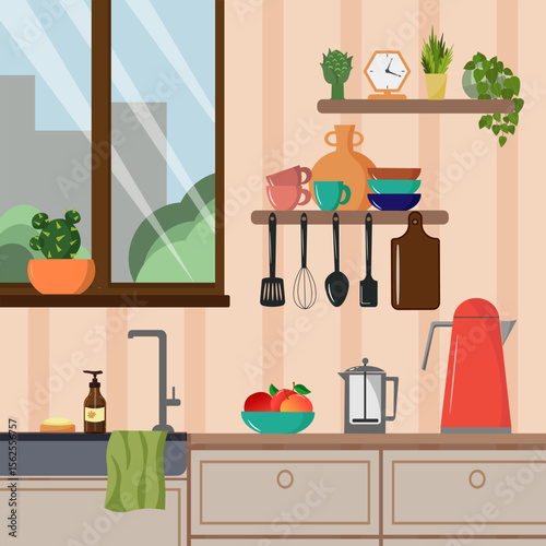 Fragment of kitchen interior with wooden shelves, sink and modern household appliances. Cozy room in apartment with cooking place concept. Flat vector. Cityscape outside the window.