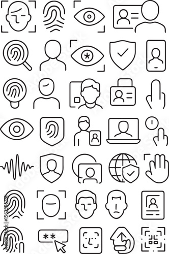 Collection of modern line icons representing biometric security and identity verification methods for digital access and personal data protection
