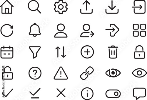 Collection of clean and modern outline icons representing common digital interface functions and user actions for web and app design