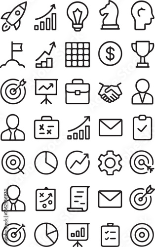 Collection of business and finance icons representing growth strategy success and achievement in a clean flat design style