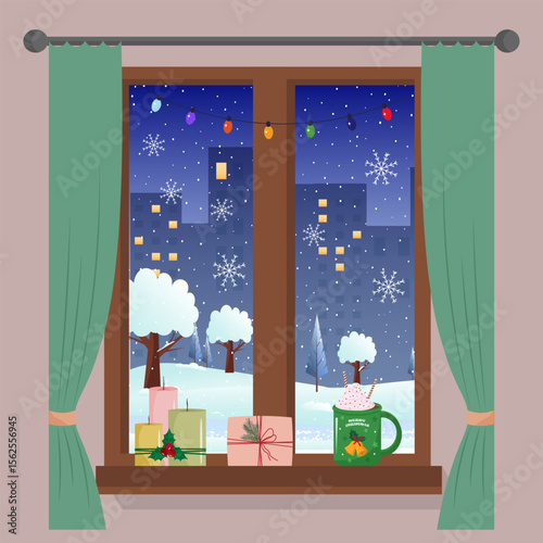 View from the window to the city. Winter city landscape. On the windowsill in the room there are candles, a cup of hot chocolate. Cozy New Year and Christmas festive background. Vector