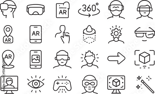 Collection of modern outline icons representing virtual reality augmented reality and immersive technology concepts for digital applications