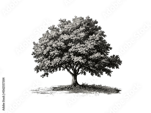 Hand-drawn botanical illustration, vintage chestnut oak tree, engraving style sketch, chestnut oak bark, retro forest art, black sketch, nature tree, old engraving style, forest silhouette