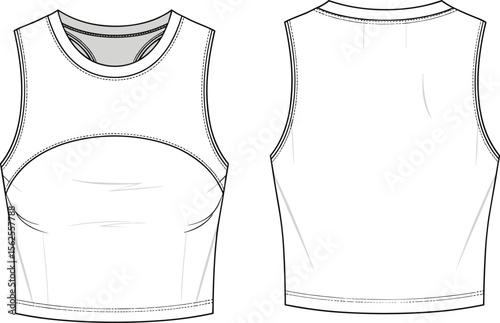 Sleeveless sports crop top front back view, fashion technical sketch, CAD flat drawing, athletic fit tank top vector template, gym wear illustration