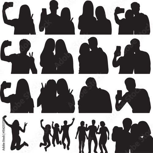 Collection of diverse black silhouettes of people taking selfies and posing happily together in various romantic and friendly groupings