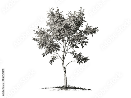 Hand-drawn engraving Aspen Tree, botanical sketch, vintage print, forest art, aspen leaves, nature-inspired tree, black sketch, old engraving style, natural decor, rustic wall art