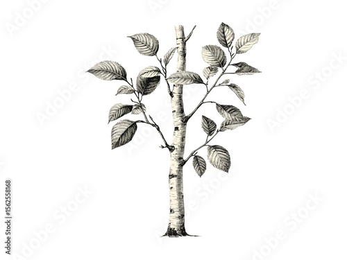 Vintage botanical sketch, hand-drawn engraving of birch tree, birch bark texture, woodland illustration, antique print, forest flora art, nature-inspired decor, black sketch, old engraving style