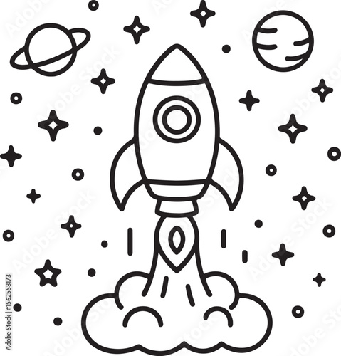 Simple black and white illustration of a rocket ship launching into space with stars and planets in the background