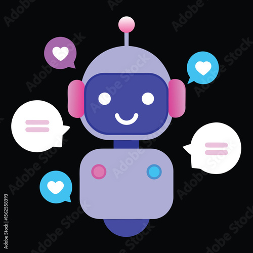 Cute AI Robot Communicating Through Colorful Chat Bubbles