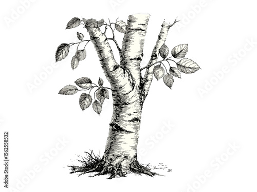 Birch tree hand-drawn engraving, vintage botanical art, birch bark detail, woodland flora illustration, antique forest print, nature decor, black ink sketch, classic engraving style