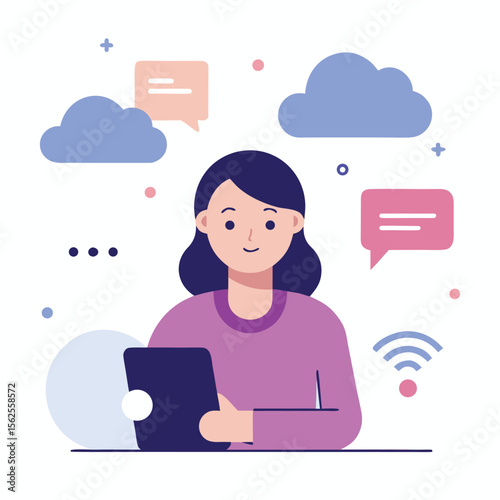 Young Woman Using Tablet with Cloud Chat Assistant Concept