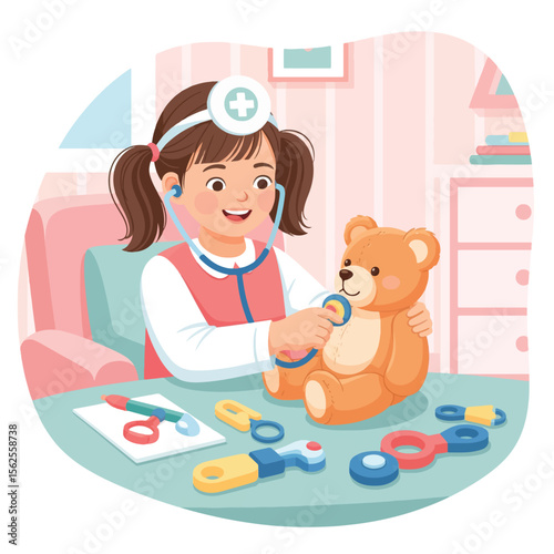 A young girl dressed as a doctor examines a teddy bear with a stethoscope, surrounded by children's medical play tools.