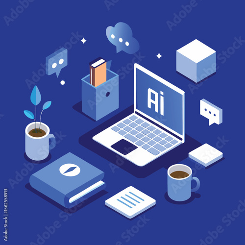 Minimal Isometric AI Office Workspace with Devices and Plants