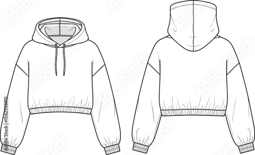 Cropped hoodie sweatshirt flat sketch front and back view, vector fashion cad drawing, casual streetwear top template for women, hooded pullover illustration