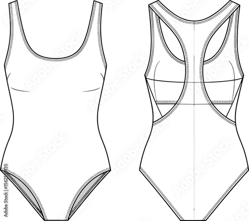 One piece swimsuit technical sketch front and back view, women’s swimwear design, flat cad vector illustration for fashion design, production, activewear presentation